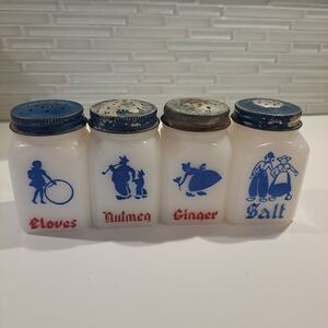 Old White Milk Glass Shakers Spice Jars with Original Metal Lids